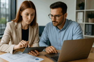 Architektin und Ingenieurin berechnen Stundensatz auf Tablet im modernen Büro – Symbolbild für wirtschaftliche Planung 2025