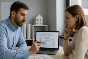 Ingenieur erklärt Kundin technische Zeichnung im Büro, beide sehen auf Laptop mit Planungsdetails – Symbolbild für Beratungshaftung im Ingenieurwesen