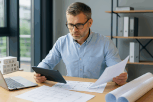 Ingenieur im modernen Büro prüft digitale Baupläne und Vertragsdokumente – Symbolbild für Haftungsprävention 2025