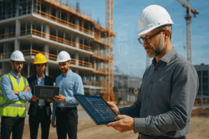 Ingenieur mit Tablet und Helm auf moderner Baustelle, digitales Overlay mit technischen Plänen – Symbolbild für Berufshaftpflichtversicherung für Ingenieure 2025