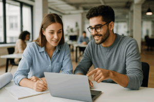 Junge Ingenieurin und Ingenieur im modernen Büro diskutieren Projektideen – Symbolbild für Mitarbeiterbindung im Ingenieurbüro