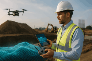 Vermessungsingenieur mit Drohne und Tablet auf Baustelle, im Hintergrund digitale Geländeprojektion – Symbolbild für Digitalisierung und Haftung 2025