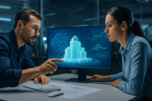 Ingenieur und Ingenieurin analysieren am großen Bildschirm ein KI-generiertes 3D-Modell – Symbolbild für Automatisierung im Ingenieurwesen