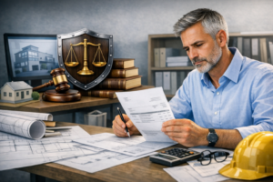 Architekt prüft Honorarrechnung am Schreibtisch – Rechtsschutzversicherung bei Honorarstreit