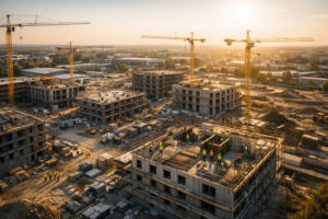 Baustelle mit mehreren Gebäuden in verschiedenen Bauphasen – Baukombiversicherung schützt alle Beteiligten von der Planung bis zur Fertigstellung.